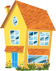 Title: Vibrant Yellow House with Orange Roof and Blue Door