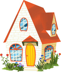 Charming White Brick House with Red Roof and Yellow Door