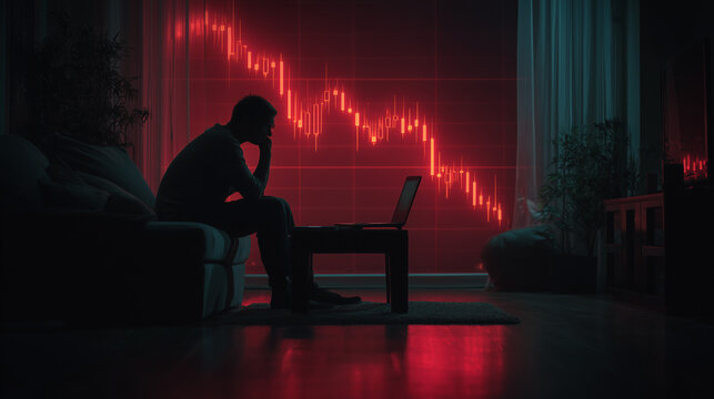 Cryptocurrency Market Crash: A silhouette of a stressed person watching a falling Bitcoin price chart on a large screen in a dark room.