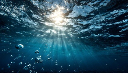 Underwater sea and bubbles with sun light