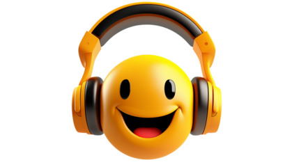 Cheerful yellow emoji face wearing headphones  Isolated on transparent Background  exudes fun.