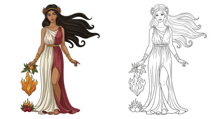 Fototapeta premium Persephone Queen of the Underworld Coloring Page Iconic Deity in Color and Outline Art