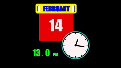 Calendar displaying february 14th day with a clock and 24 hours counting the current time on a black background.