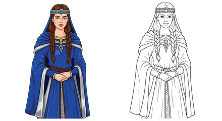 Rhiannon Welsh Mythology Heroine Coloring Page Dual Figures Colored and Outline