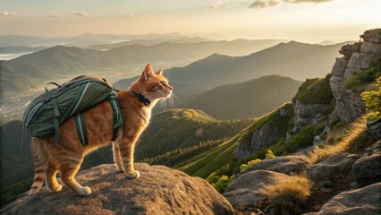 Orange tabby cat wearing green hiking backpack standing on rocky mountain summit overlooking layered mountain ranges during golden hour sunset with dramatic lighting