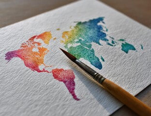 Naklejka premium Watercolor world map, vibrant hues, brush beside