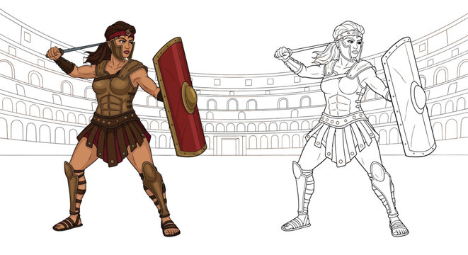 Roman Woman Gladiator Coloring Page Ancient Fighter in Colored and Outline Pair