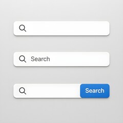 Fototapeta premium A collection of clean, modern search bar variants featuring three styles: an icon-only input with a magnifying glass icon, a full-width placeholder text field prompting “Search…”, and a combination 