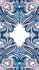 Symmetrical abstract floral pattern with swirling lines in pink blue and white