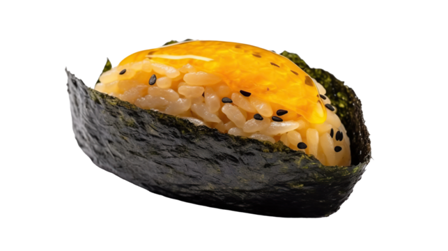 Perfect egg-shaped tamago sushi piece wrapped in seaweed isolated on transparent background. PNG