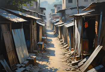 Crowded slum neighborhood with narrow paths and makeshift shelters