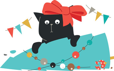 Black Mischievous Cat and Fallen Christmas Tree Vector Illustration