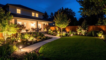 Inviting backyard garden bathed in soft moonlight at night with a tranquil atmosphere