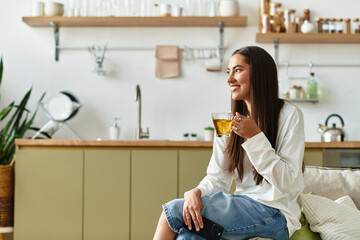 Relaxing moments of a beautiful young woman in her cozy home enjoying a warm drink