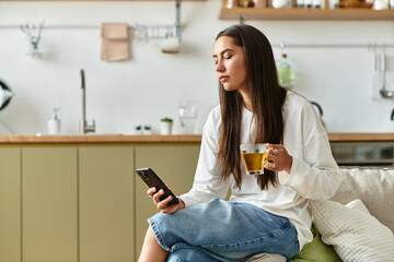 Cozy moments at home with tea and relaxation for a young woman enjoying her time