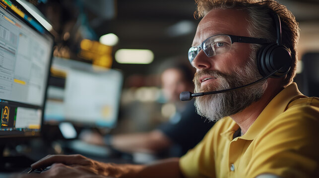 Professional in headset monitors data streams while collaborating with a team in a busy technology workspace during evening hours - Powered by Adobe