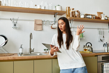 Young pretty woman enjoying a cozy moment in her modern kitchen while multitasking