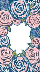 Abstract floral frame featuring stylized roses in shades of pink and blue with green leaves on a dark blue background