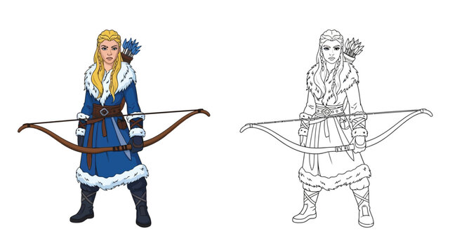 Skadi Norse Huntress Goddess Coloring Page Powerful Deity in Color and Outline Styles