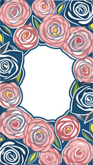 A decorative floral border design featuring stylized pink roses and dark blue abstract shapes on a white background