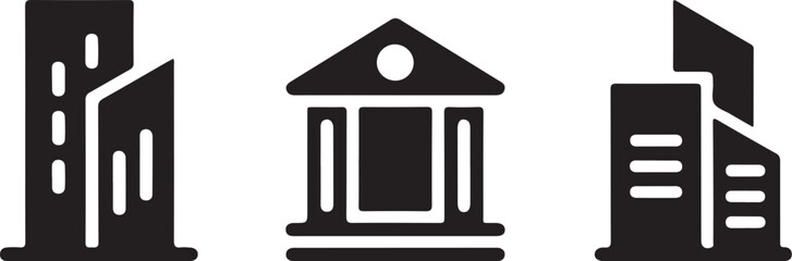 Three simple black building icons representing different architectural styles isolated on white background