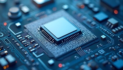 Close Up of Computer Microprocessor on Circuit Board in Blue Tones