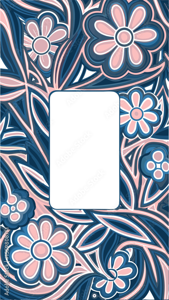 Fototapete whimsical floral pattern with a central white rectangular space for text or images in shades of pink