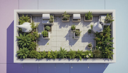 Aerial view of modern rooftop garden with lush greenery, potted plants, and geometric planters. space is designed with mix of ferns and flowering plants, creating serene urban oasis