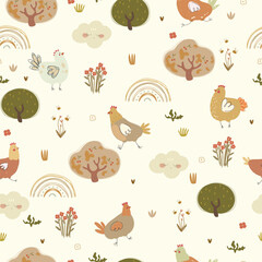 Hand drawn cute chicken, bushes, rainbows and flowers, seamless pattern. vector illustration with farm animals and cartoon nature.