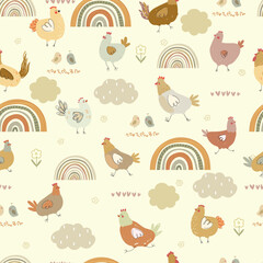Pattern with chicken , rainbows, clouds and little chicks. Vector illustration with animals, seamless pattern.