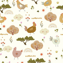 Seamless hand drawn pattern with chicken, small chiks, clouds, rainbows and flowers. Vector illustration with cute farm animals and plants	
