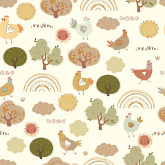 Cute pattern with chickens, clouds, rainbows and different bushes. Vector illustration, seamless pattern.