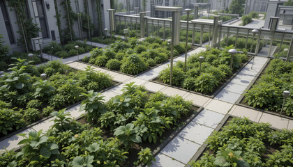 Obraz premium lush rooftop garden with neatly arranged plants and modern pathways creates serene urban oasis. greenery contrasts with sleek architecture, offering peaceful retreat