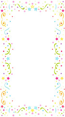 A vibrant and festive border design featuring colorful confetti swirling ribbons and star shapes on a clean white background for celebrations
