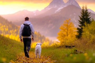Fototapeta premium A man walking a dog on a trail in the mountains