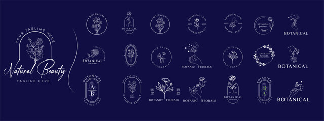 Wedding logos, botanical logo, floral frame for labels, hand drawn elegant, delicate and minimalist monogram collection. Botanical vector design