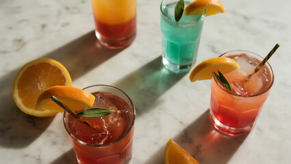 Colorful drinks with citrus and herbs on a marble table