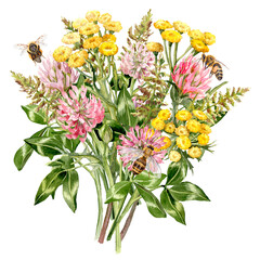 Watercolor painted Clover and Tansy bouquet with herbs and honey bees
