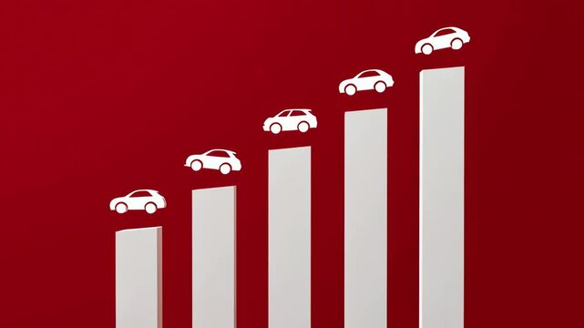 Temporary car insurance graph showing white car icons on ascending bar graph with red background indicating growth and increase trends