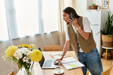 Young woman enjoys a cozy afternoon at home while multitasking on a busy workday
