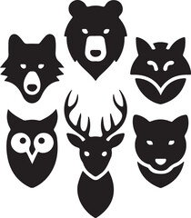 Fototapeta premium Collection of stylized animal head icons including bear owl wolf fox and deer isolated on white background