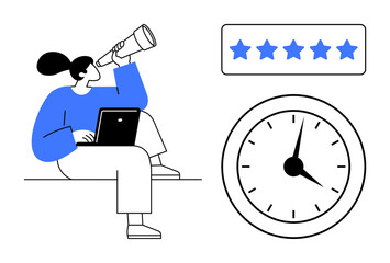 Woman sitting with laptop, looking through a telescope. Accompanied by five-star rating system and clock. Ideal for goal setting, time management, performance evaluation, planning, vision, focus