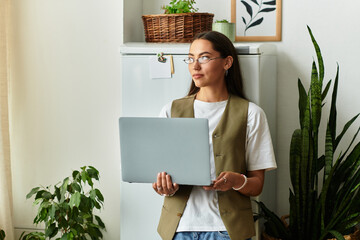 Young woman in cozy home environment using laptop while enjoying tranquil afternoon moments