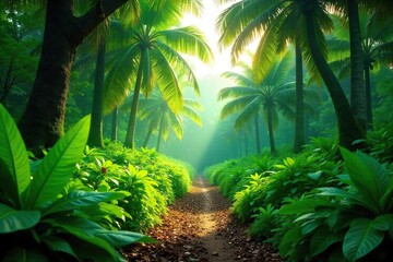 Naklejka premium Lush Tropical Plantation Sunlight Dappled Through Abundant Green Foliage, Mature Trees, and Banana Plants ? Ideal for Travel, Tourism, and Environmental Projects