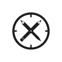 Obraz premium A black and white graphic of a clock with crossed pencils in the center of the face
