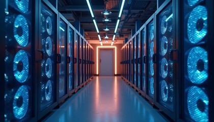 Data Center Server Room with Blue Led Lighting Modern Technology Environment