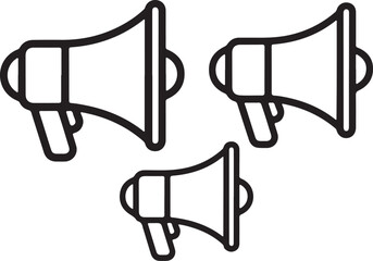 Three black outline megaphone icons of different sizes isolated on white background