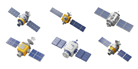 Satellite Collection: A set of six diverse satellite designs, showcasing variations in shape, size, and antenna configurations, ideal for technological and space exploration themes.