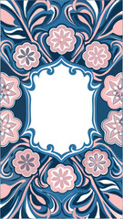 Intricate floral and swirling abstract design featuring a central ornate frame with pink and blue hues