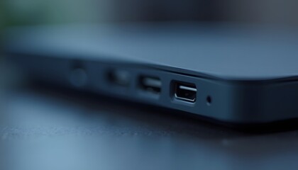 Close Up of Laptop Edge with Usb Port and Power Button in Soft Lighting